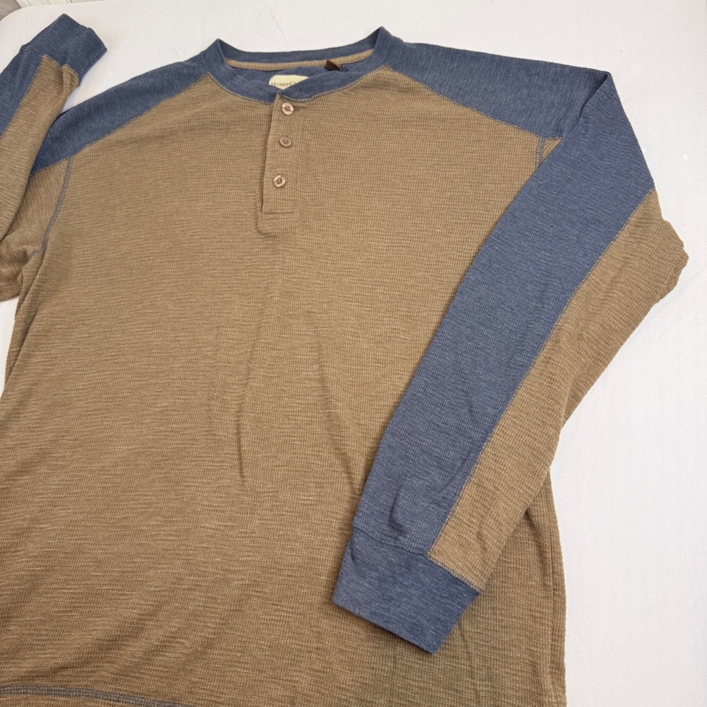 Hobbs Creek Mens Brown Blue Waffle Knit Raglan Long Sleeve Henley Shirt Large